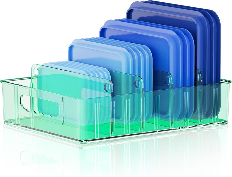 LYNG Lid Organizers Inside Cabinet, Clear Plastic Storage Lid Organizer With 4 Adjustable Dividers, Food Container Lid Organizer For Kitchen Pantry Green - Image 1